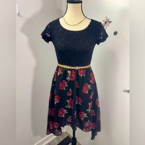 Girls Fall Dress Black And Red Rose Drop Tail Belt Short Sleeve Prom Lay…